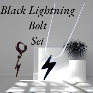 2-Piece Set l Men’s Black Lightening Bolt Necklace & Earring l Stainless Steel